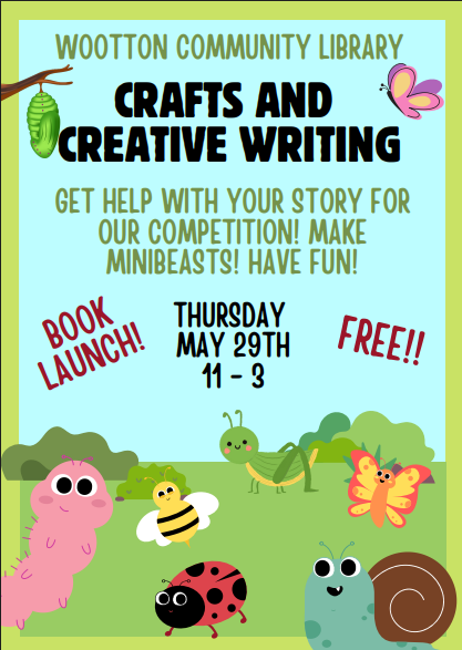 Craft And Creative Writing event garden background with cartoon insects